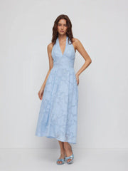 Jacquard Floral Halter Neckline Backless Flared Maxi Dress