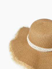 LACE & FRINGED RAFFIA TRIM STRAW HAT