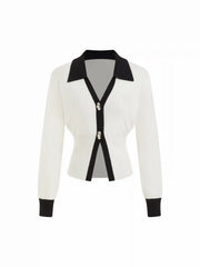 Knit Collar Two Tone Cardigan With Metal Buttons