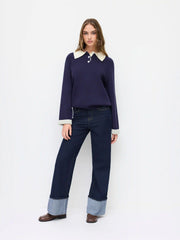 Knit Collar Two Tone Button Long Sleeve Top