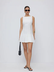 Linen-blend Boat Neck Pleated A-line Mini Dress