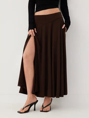 Mid Rise Solid Flared Maxi Skirt