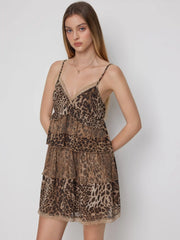 Chiffon Leopard Print Sweetheart Ruffled Tiered Mini Dress