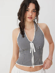 Gingham Halter Neck Lace Trim Bowknot Slim Crop Top