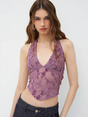 V-neck Halter Knotted Floral Mesh Tank Top