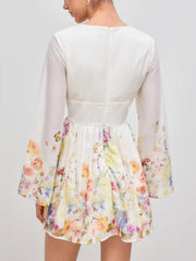 V-neck Floral Knotted Ruffle Mini Dress