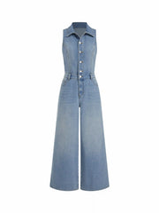 Denim High Rise Washed Metal Detail Wide Leg Jumpsuit