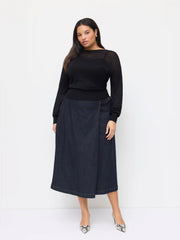 Stretch Denim Mid Rise A-line Belted Maxi Skirt Curve & Plus
