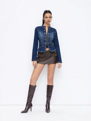 Stretch Denim Stand Collar Long Sleeve Zip Through Metal Button Split Blouse
