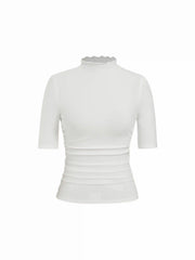 Stand Collar Lettuce Trim Ruched Mid-length Sleeve Tee