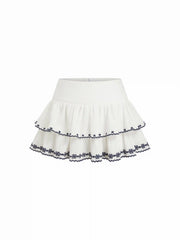 Cotton-blend Mid Rise Embroidery Tiered Ruffle Mini Skirt