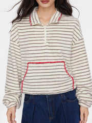 Fleece Stand Collar Striped Zip Through Contrasting Binding Oversized Sweatshirt