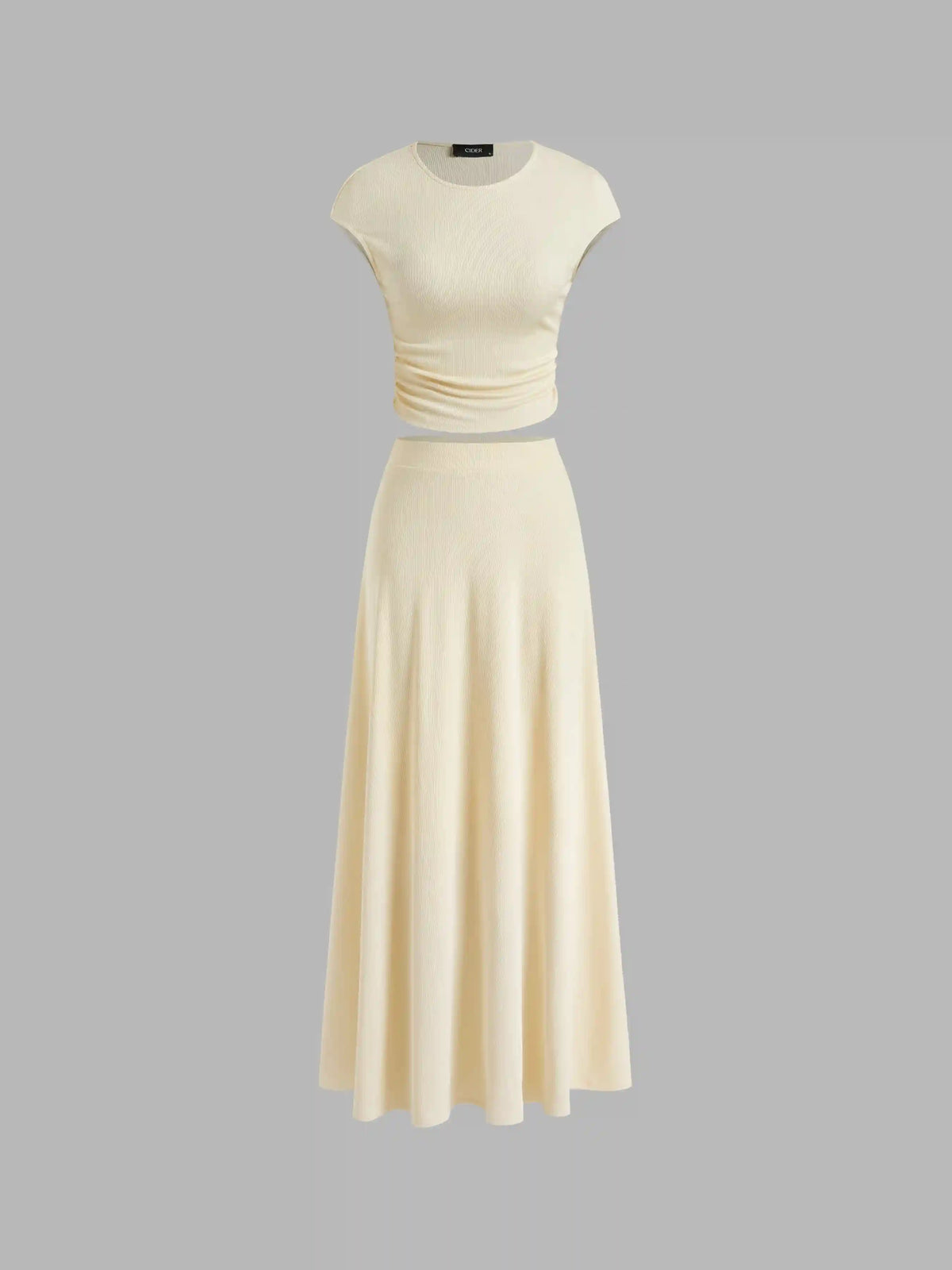 Jersey Round Neckline Ruched Top & Elastic Waist Maxi Skirt Set