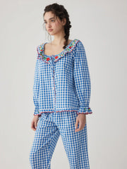 Cotton-blend Floral Scoop Neckline Gingham Top & Straight Leg Trousers Loungewear Set