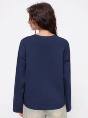 Cotton-blend Fish Embroidery Round Neckline Long Sleeve Oversized Tee