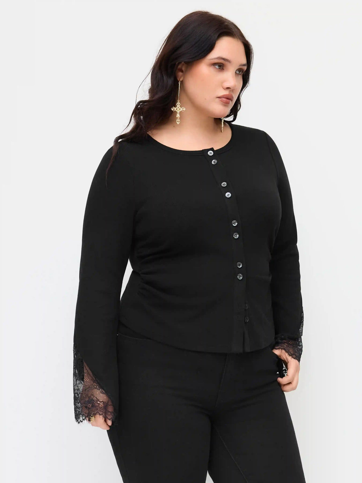 Cotton-blend Round Neckline Long Sleeve Contrasting Lace Top Curve & Plus