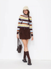Knit Mohair-blend Stand Collar Striped Zip Through Cardigan