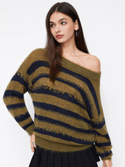 Knit Wool-blend Striped Asymmetrical Neck Oversized Sweater
