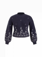 Knit Floral High Neck Lantern Sleeve Crop Top Curve & Plus