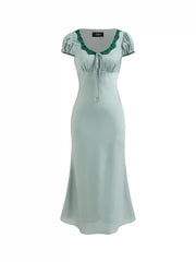 Satin U-neckline Lace Trim Knotted Maxi Dress
