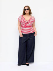 Cotton-blend V-neck Stripe Twist Short Sleeve Tee Curve & Plus