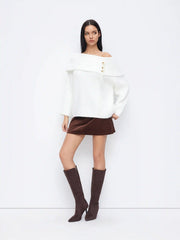 Knit Off-shoulder Asymmetrical Bowknot Long Sleeve Oversized Top