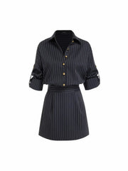 Striped Middle Sleeve Pleated Metal Detail Shirt Mini Dress