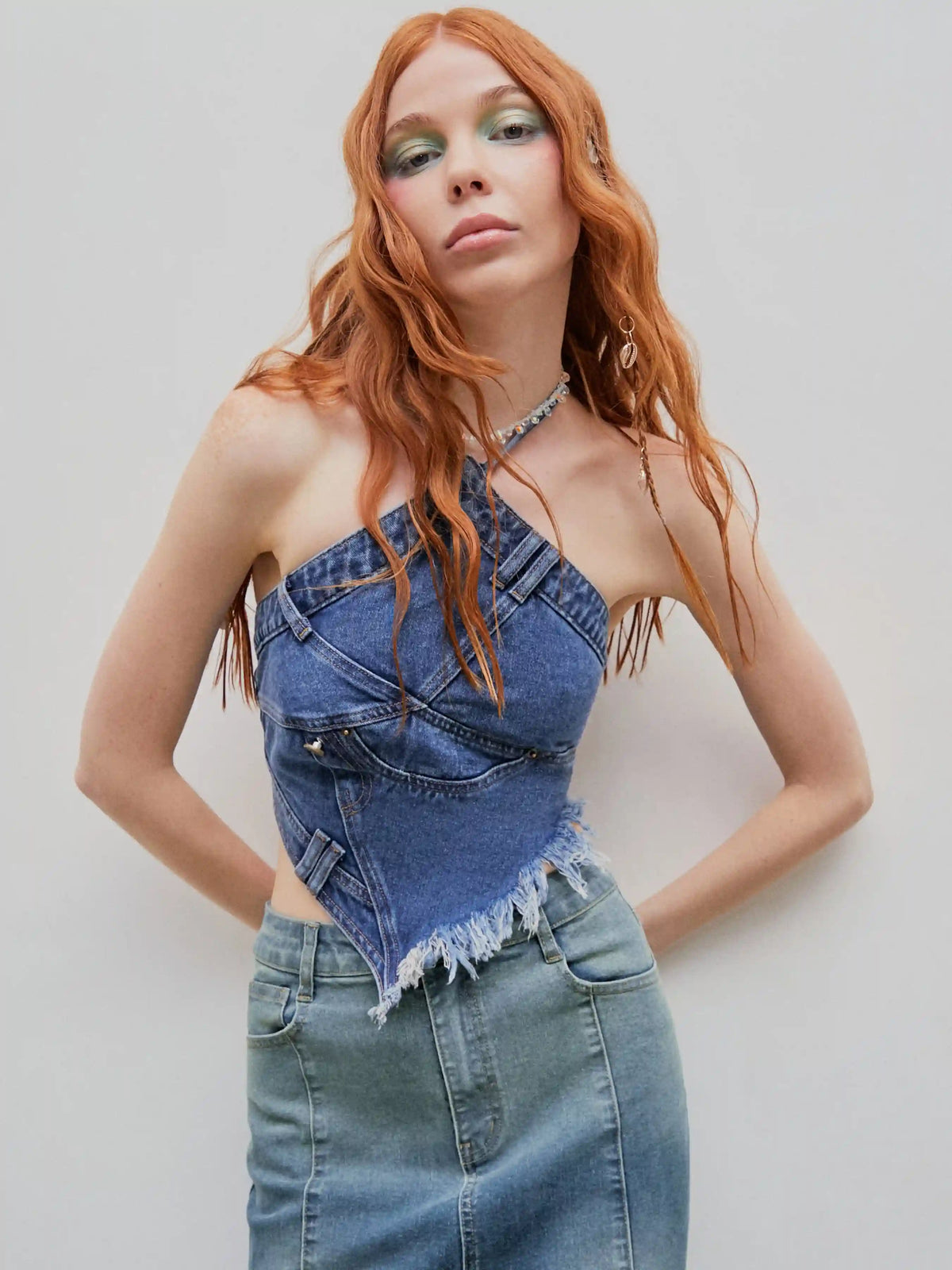 Denim Fringe Zipper Up Halter Crop Top