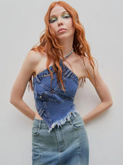 Denim Fringe Zipper Up Halter Crop Top