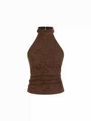 Lace Halter Neck Ruched Backless Pearl Detail Top
