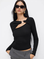 Asymmetrical Neck Long Sleeve Metal Detail Top