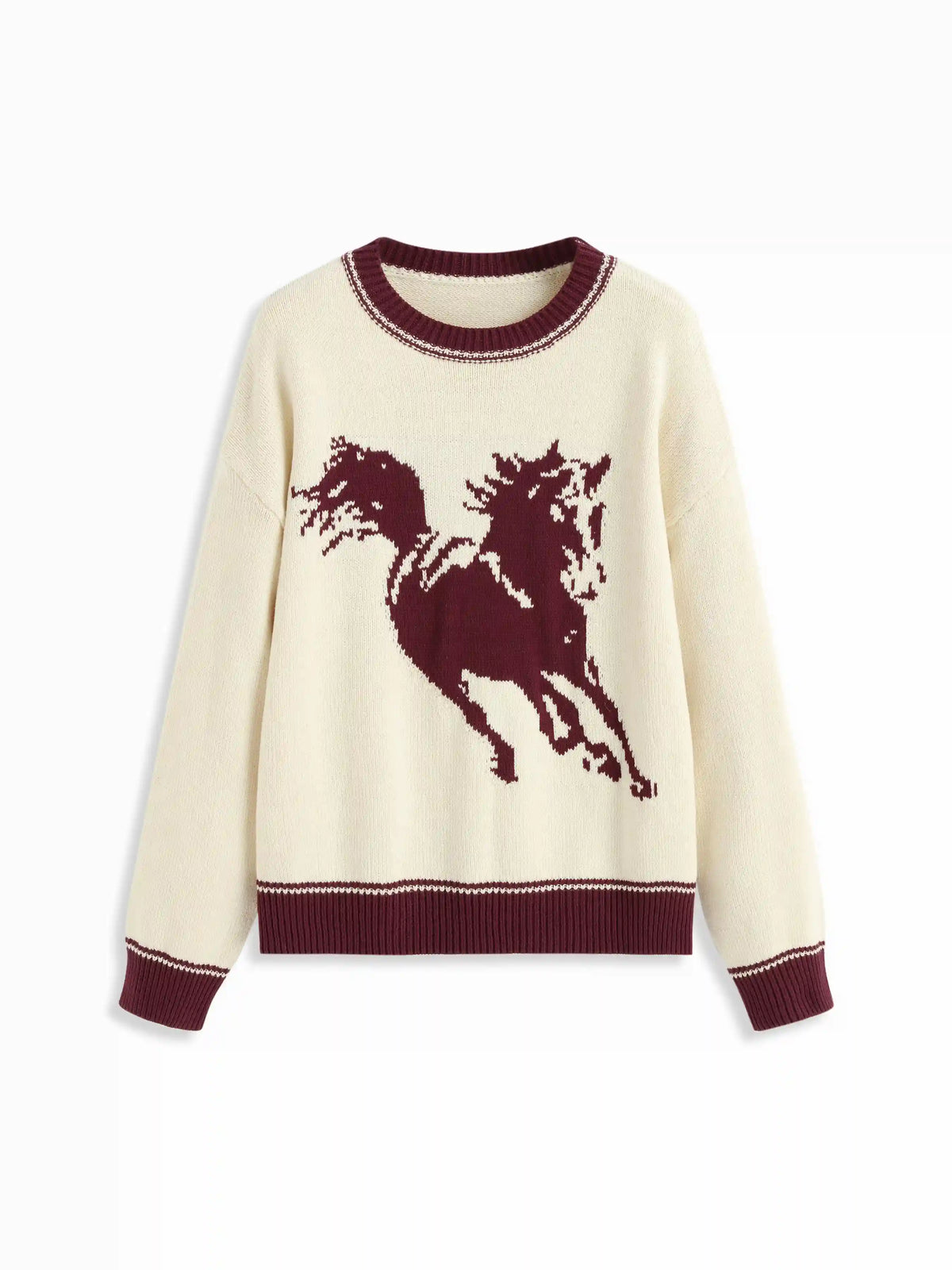 Knit Horse Graphic Round Neck Contrasting Binding Oversized Sweater