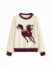 Knit Horse Graphic Round Neck Contrasting Binding Oversized Sweater