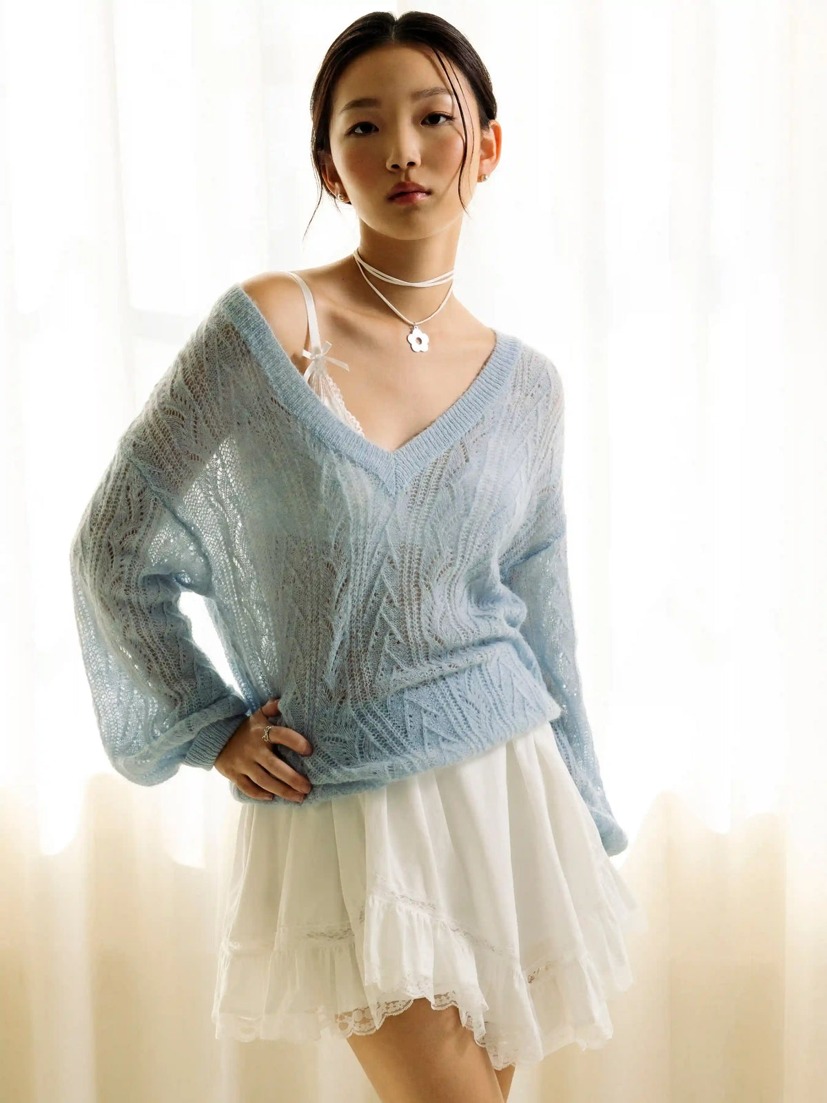 Mohair V-neck Solid See-through Sweater