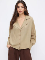 Collar Long Sleeve Striped Button Blouse