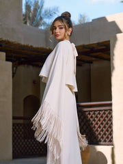 High Neck Bell Sleeve Fringed cape overlay & Midi Dress Set