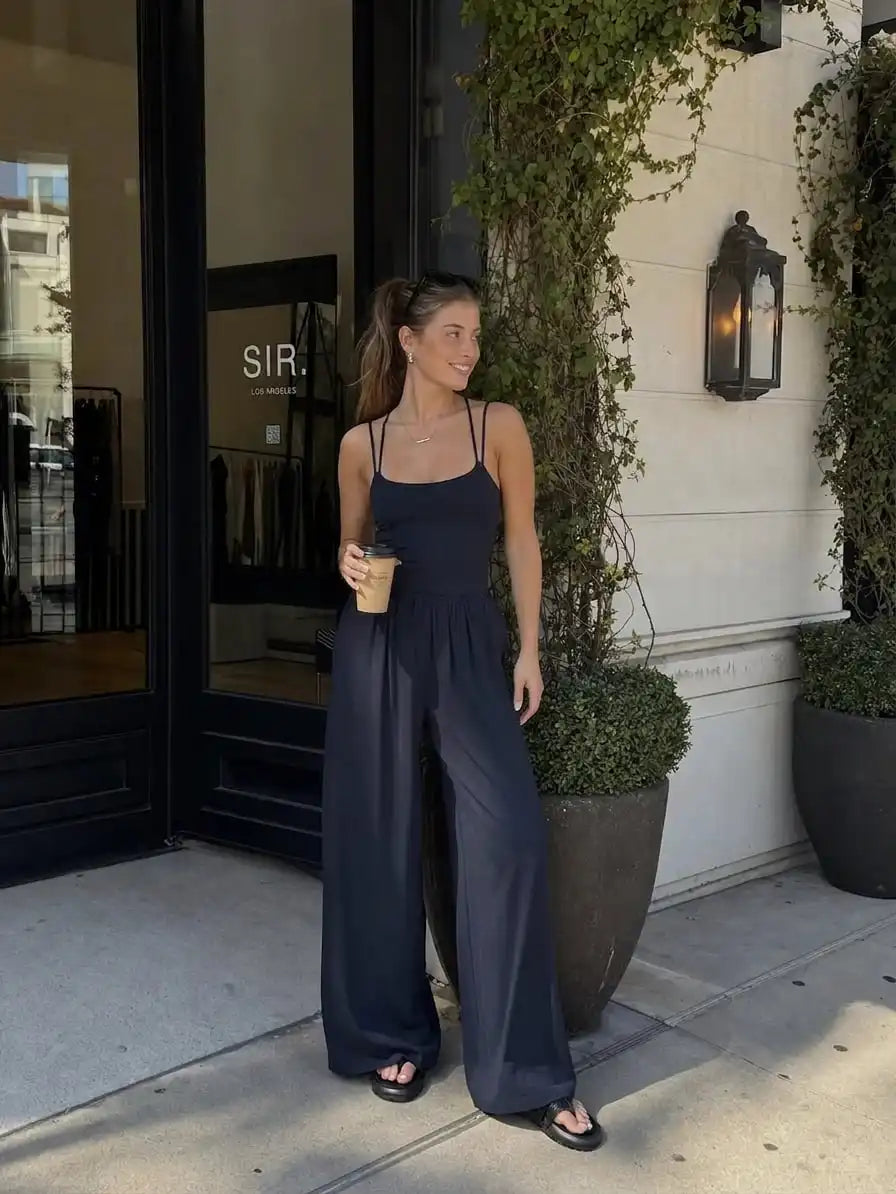 Cotton-blend Mid Rise Scoop Neck Twist Knotted Ruched Wide Leg Jumpsuit