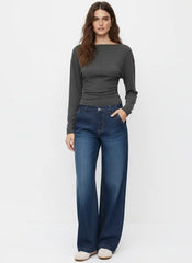 Boat Neck Batwing Sleeve Ruched Cinched Waist Top