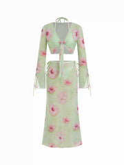 Halter V-neck Tie Side Bikini Set With Floral Cover Up Set