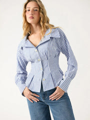 Cotton-blend Stripe Long Sleeve Pleated Blouse