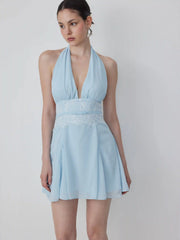 Chiffon Halter Neckline Backless Lace Panel Bowknot A-line Mini Dress
