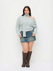 Knit Wool-blend Asymmetrical Neck Long Sleeve Oversized Top With Scarf Curve & Plus