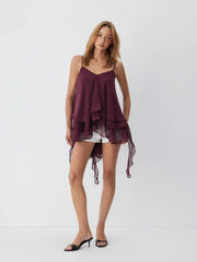 Chiffon V-neck Tiered Ruffled Oversized Crop Cami Blouse