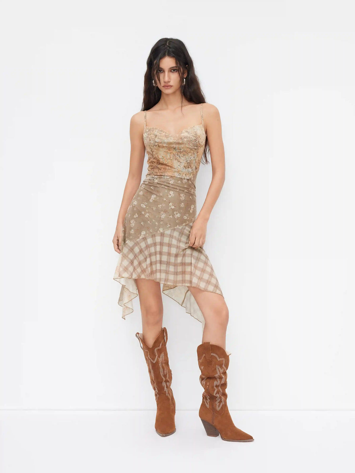 Mesh Floral Plaid Patchy Cowl Neck Asymmetrical Hem Ruffle Midi Dress