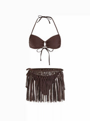 Halter Neckline Ruched Cut Out Tie Side Bikini Set With Fringe Cover Up Skirt