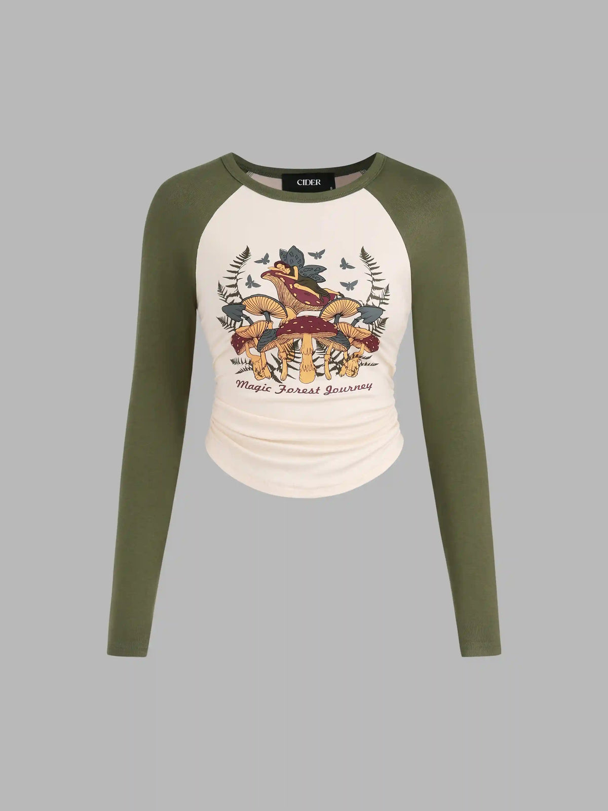 Magic Forest Journey Mushrooms Contrasting Binding Long Sleeve Top