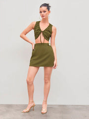 V-neck Solid Drawstring Crop Top With Mid Rise Solid Belted Mini Skirt