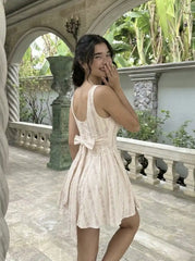 Cotton Floral Square Neck Bowknot A-line Mini Dress