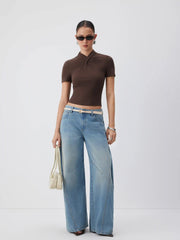 Textured Stand Collar Short Sleeve Twist Front Tee