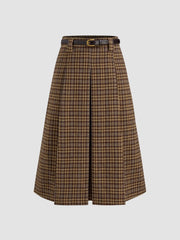 Wool-like Mid Rise Checks Pleated Maxi Skirt With Belt